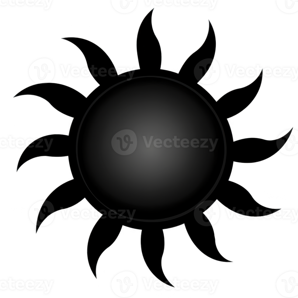 black sun with wavy rays radiates mysterious and abstract design, evoking sense of intrigue and creativity. dark silhouette contrasts against any background, making it striking visual element png