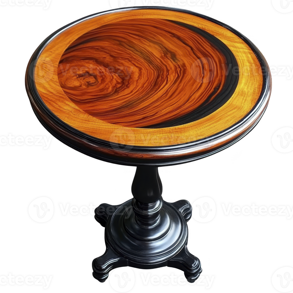 round wooden table with polished, swirling grain pattern on top and dark, ornate pedestal base, exuding elegance and craftsmanship png