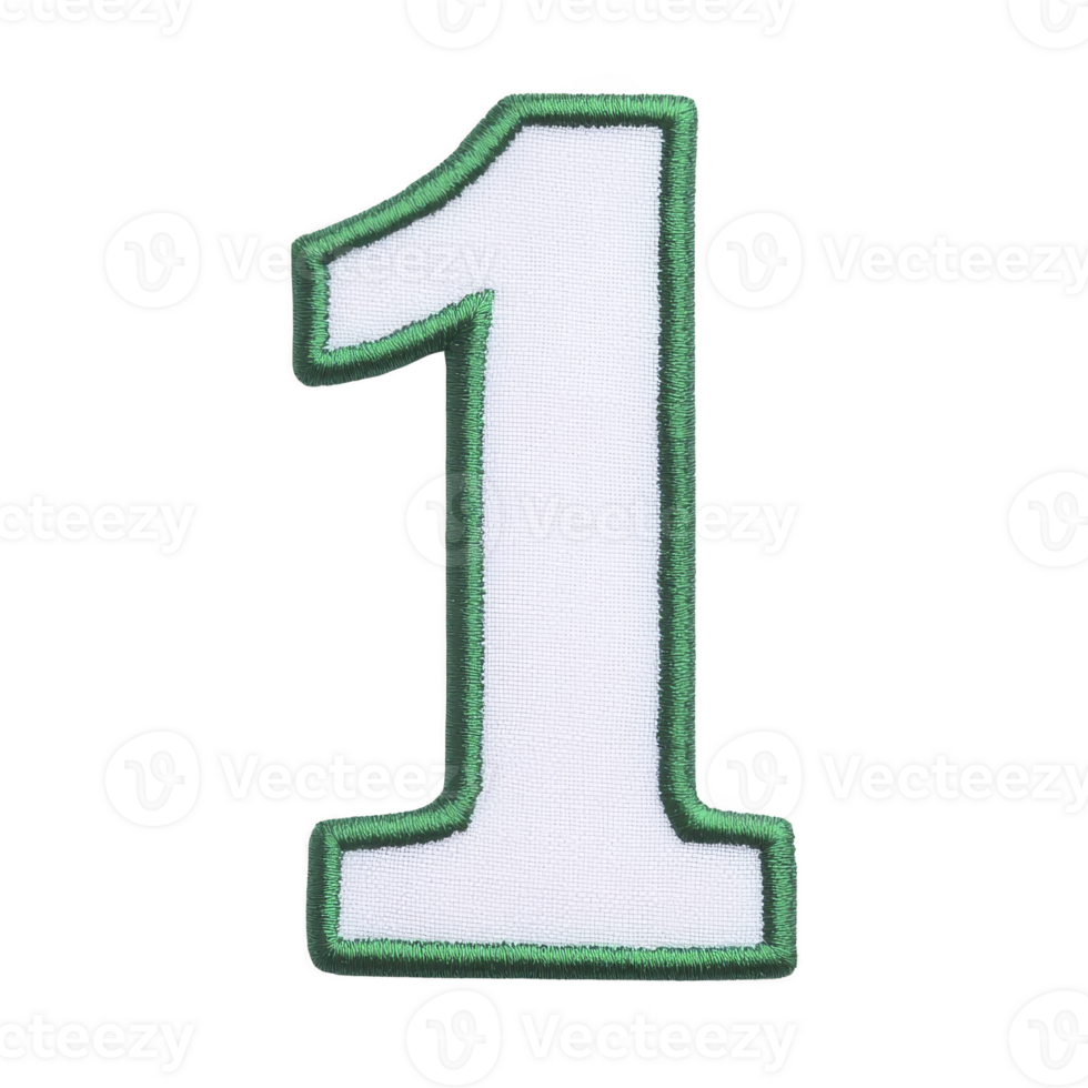 A white fabric patch in shape of number one is outlined with green stitching, creating bold and striking appearance. This patch is ideal for clothing or accessories png