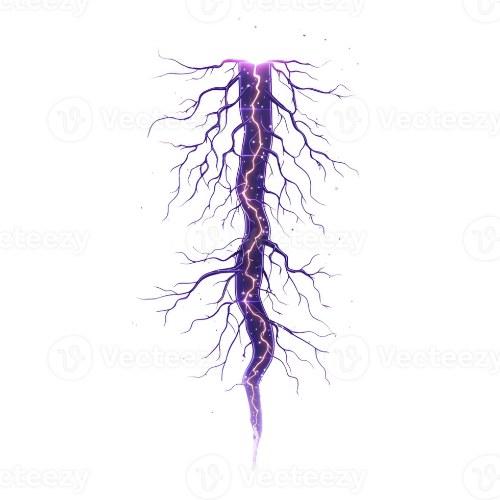 vibrant purple lightning bolt with branching tendrils creates striking visual against transparency background, evoking sense of power and energy png