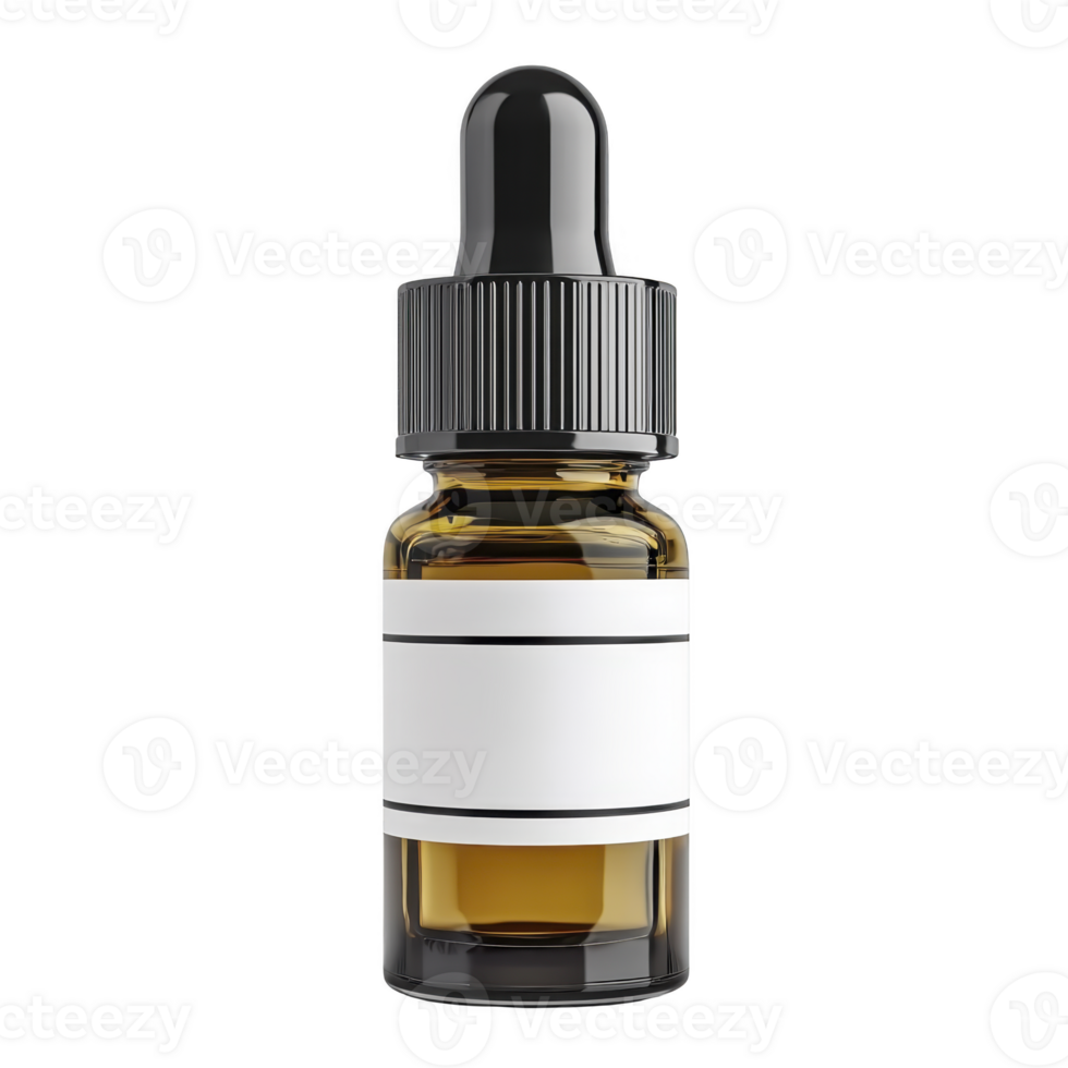 small amber glass dropper bottle with blank white label, featuring black cap and dropper, is isolated on transparency background. bottle is commonly used for essential oils or serums png