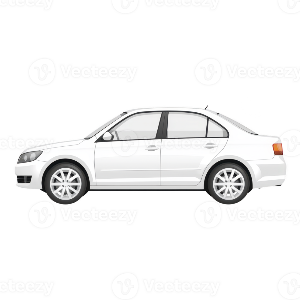 sleek white sedan car is illustrated side view, showcasing its modern design and smooth lines. vehicle features four doors, alloy wheels, and tinted windows, emphasizing its stylish png