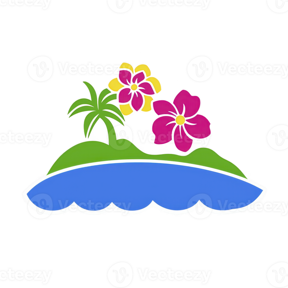 A vibrant illustration of tropical island features colorful flowers and small palm tree, set against blue wave like shape, evoking sense of paradise and relaxation png
