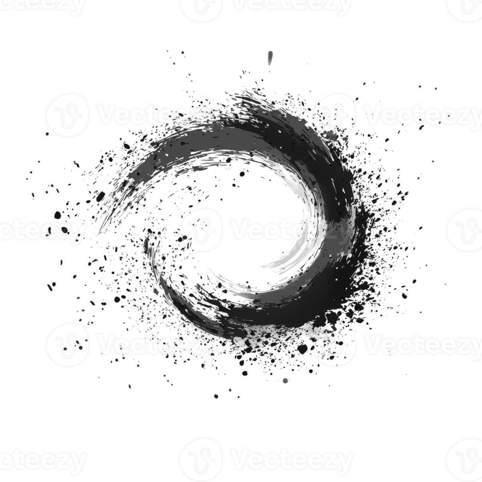 dynamic, swirling black and white brushstroke forms circular shape, evoking sense of movement and balance. abstract design is reminiscent of traditional ink art, with splatters adding texture png