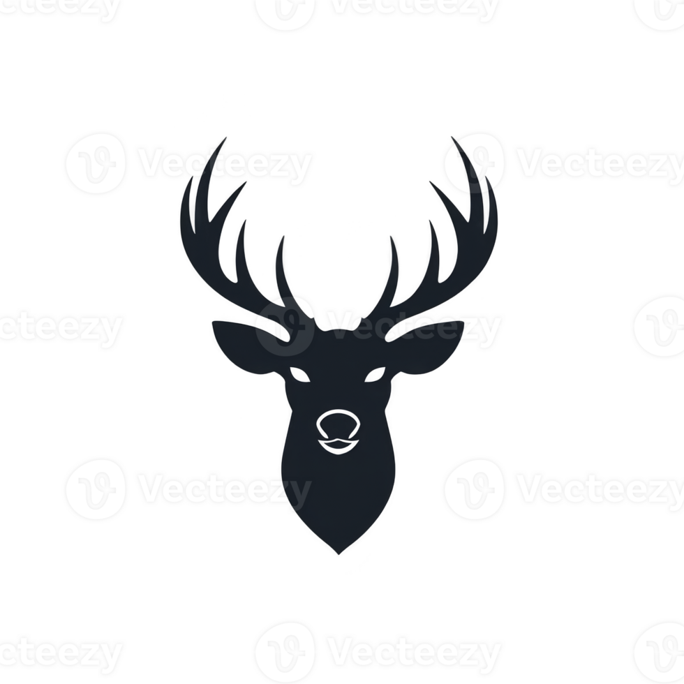 A minimalist black silhouette of deer head with large antlers is centered transparency background, creating striking and elegant design. simplicity of image emphasizes graceful and majestic nature png