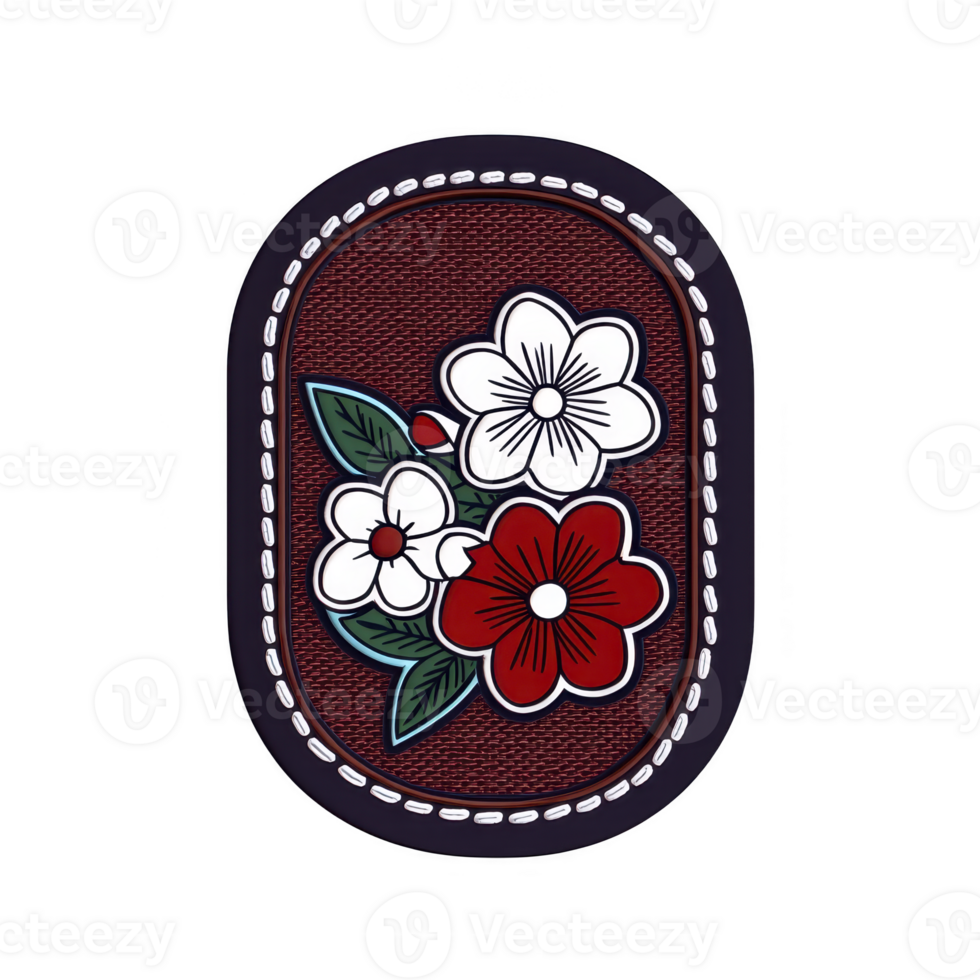 A decorative patch features vibrant floral design with red and white flowers and green leaves, set against textured transparency background. patch is oval shaped with stitched border png