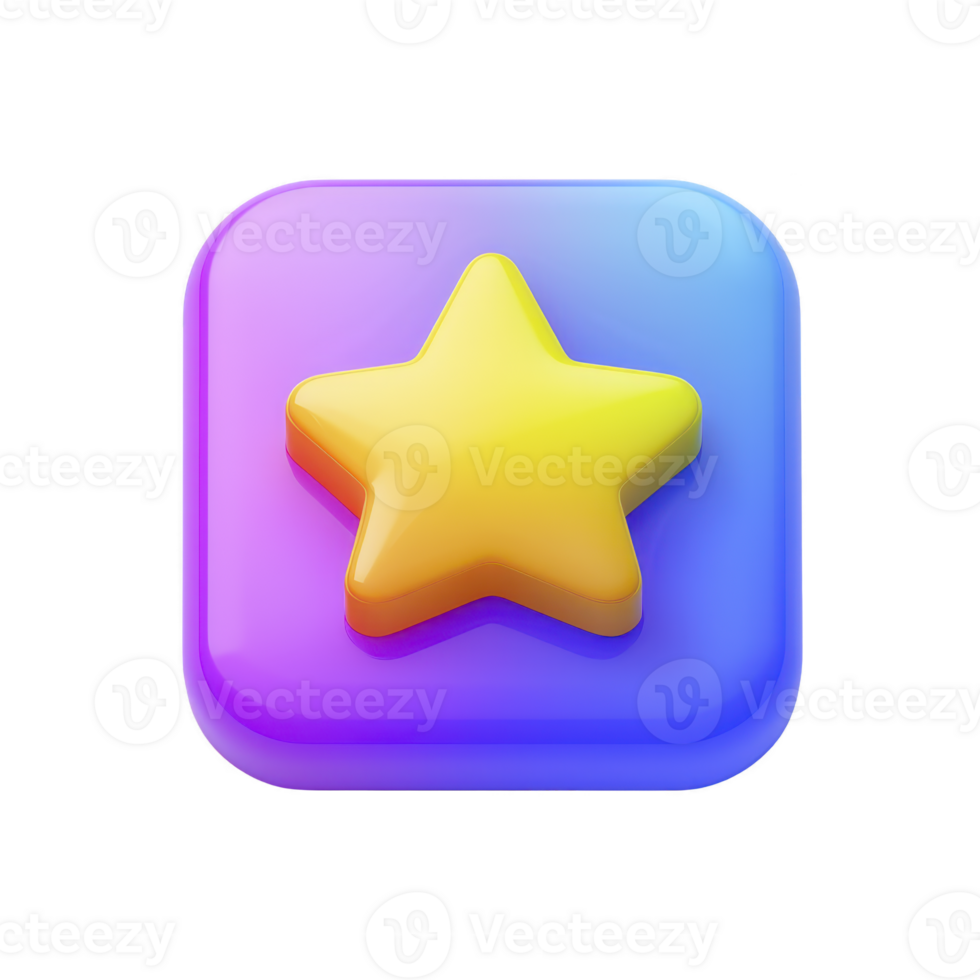 A vibrant 3D star icon with yellow star on gradient blue and purple square background, conveying playful and modern design png