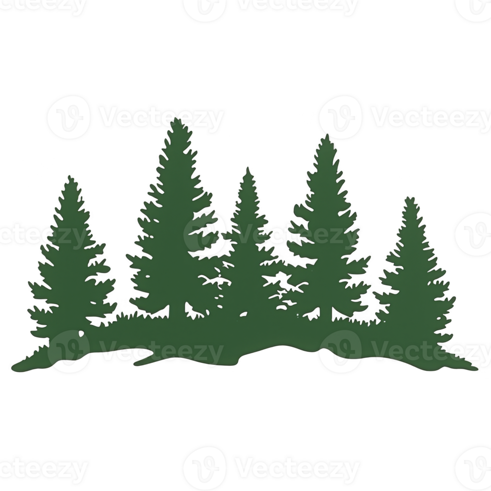 A silhouette of five evergreen trees stands against transparent background, evoking sense of nature and tranquility. dark green color highlights classic shape of pine trees, often associated with png