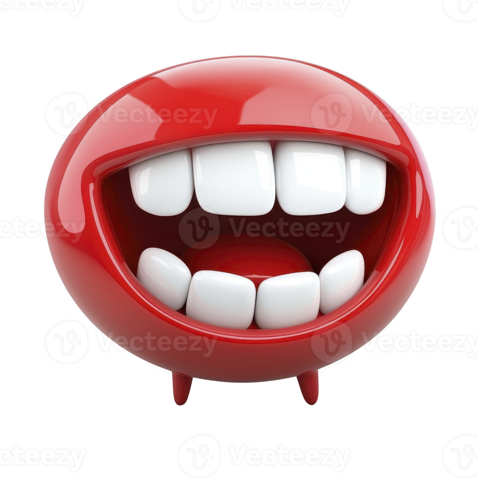 A shiny red cartoonish sphere with wide, joyful smile and large white teeth, resembling playful emoji. glossy surface reflects light, adding cheerful and whimsical touch png
