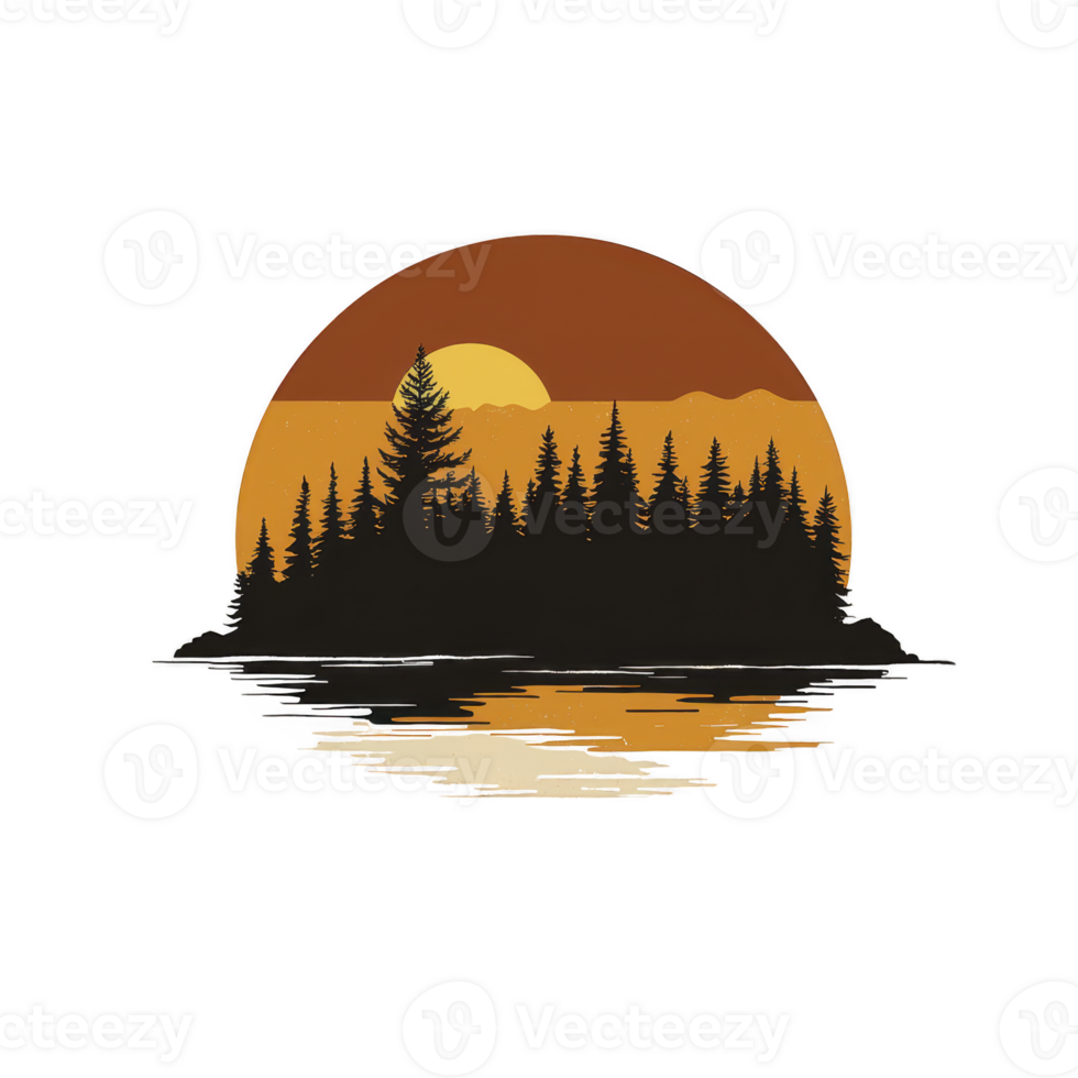 A serene landscape illustration features sunset over forest with reflection on calm lake, evoking tranquility and natural beauty png