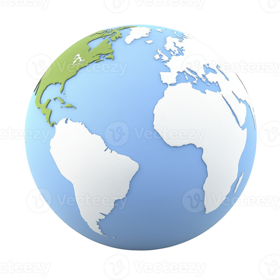 A 3D illustration of Earth showcasing continents white against blue ocean background, highlighting North America, South America, Europe, and Africa. globe is tilted, offering clear view of Atlantic png
