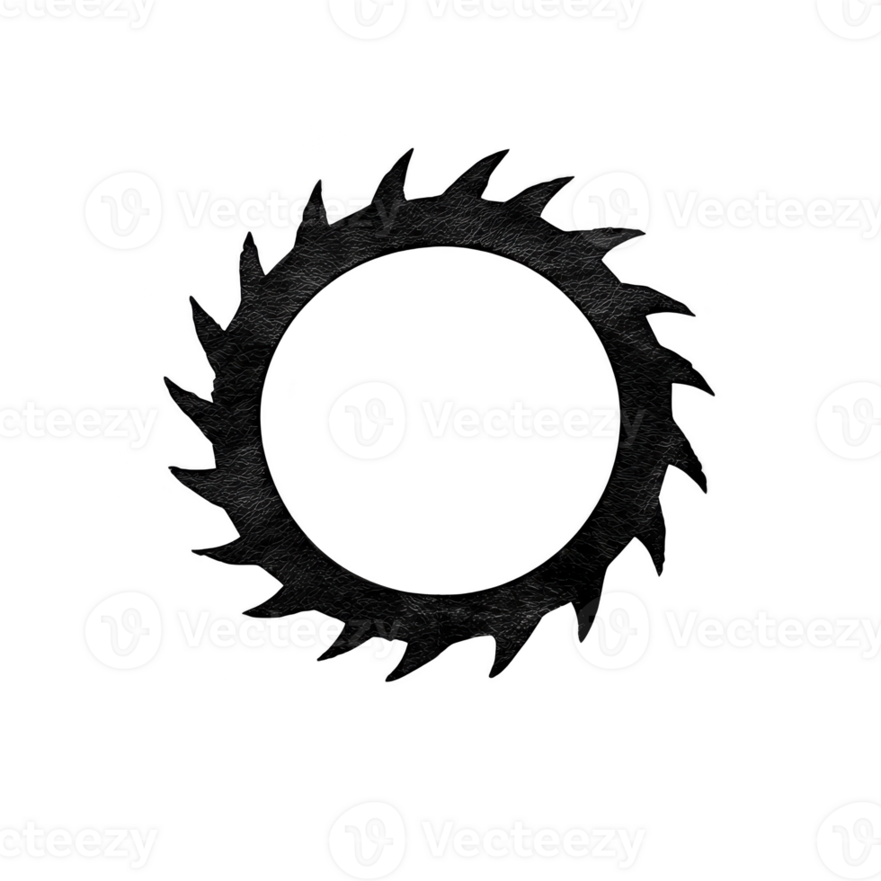 circular saw blade silhouette with sharp, evenly spaced teeth creates bold and industrial design. black and white contrast emphasizes sharpness and precision of tool png