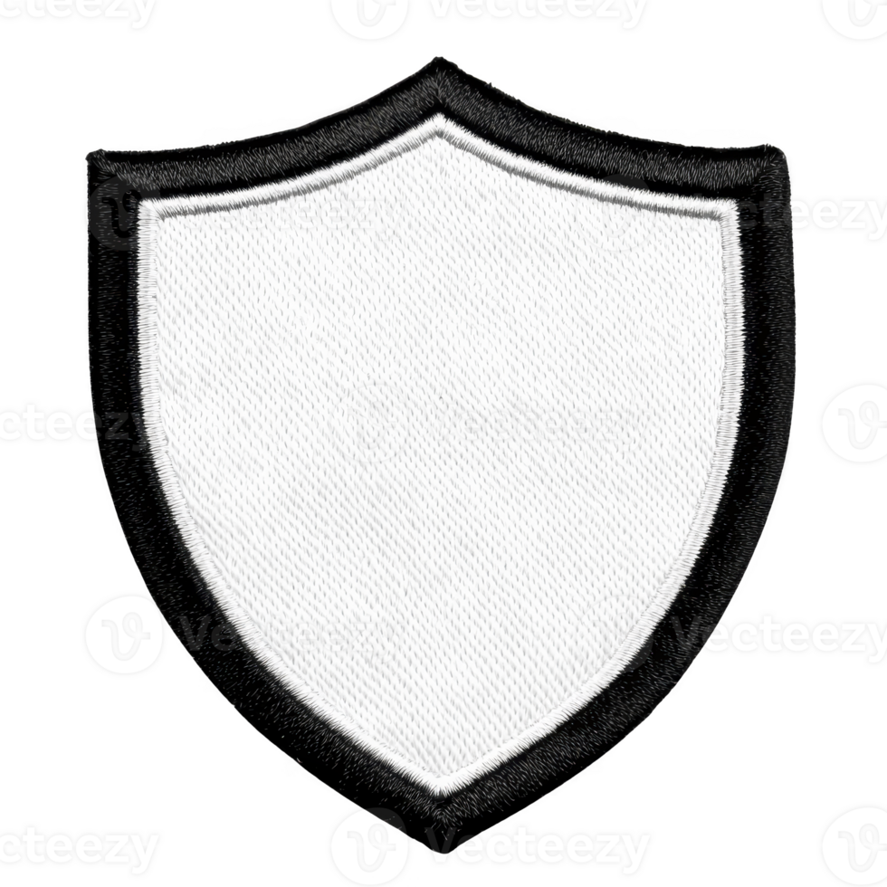 blank white shield emblem with black border, symbolizing protection and security, is displayed. simple design allows for customization, making it versatile for various uses png
