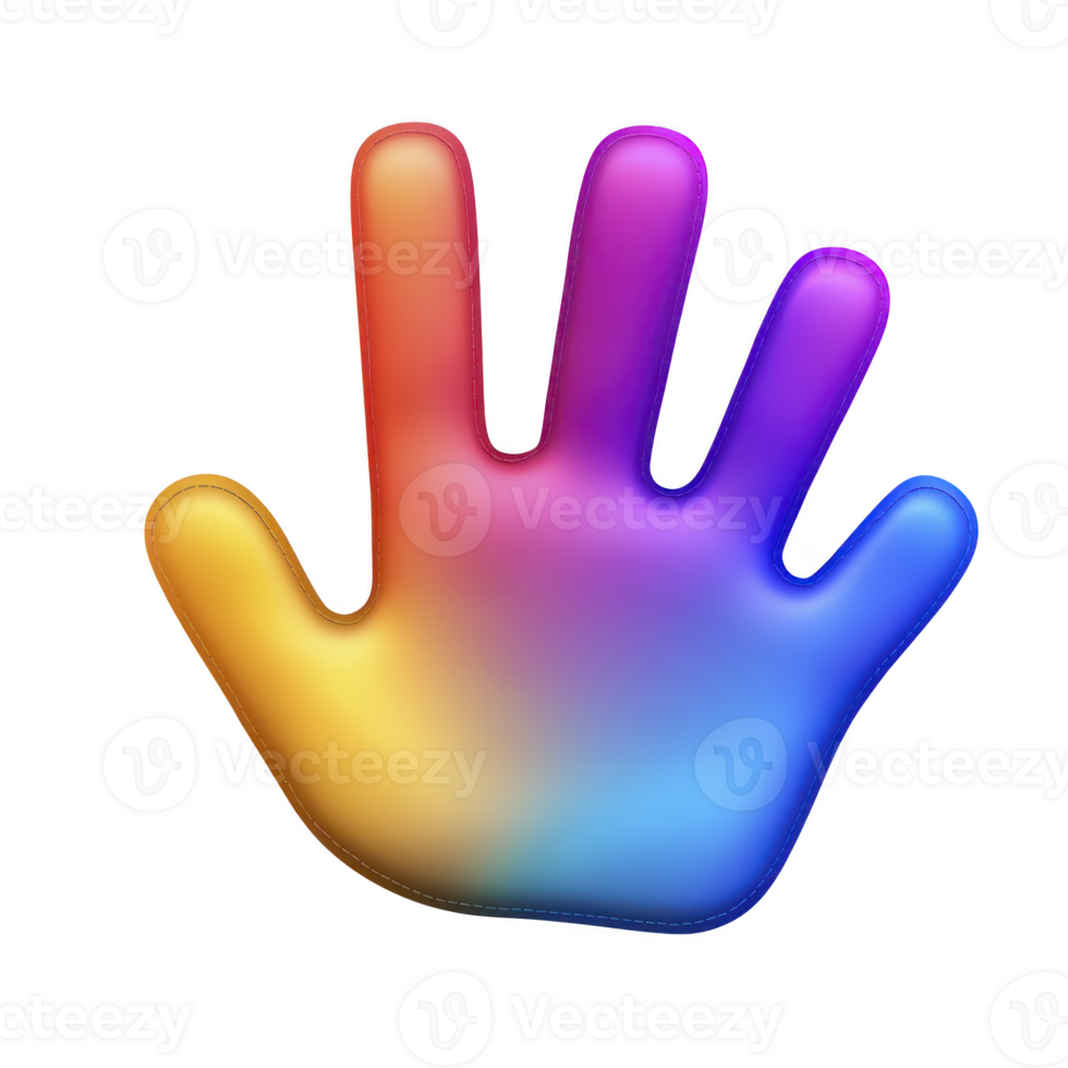 A colorful gradient handprint with vibrant hues of red, orange, yellow, blue, and purple, symbolizing diversity and creativity. smooth transition of colors creates visually appealing and artistic png