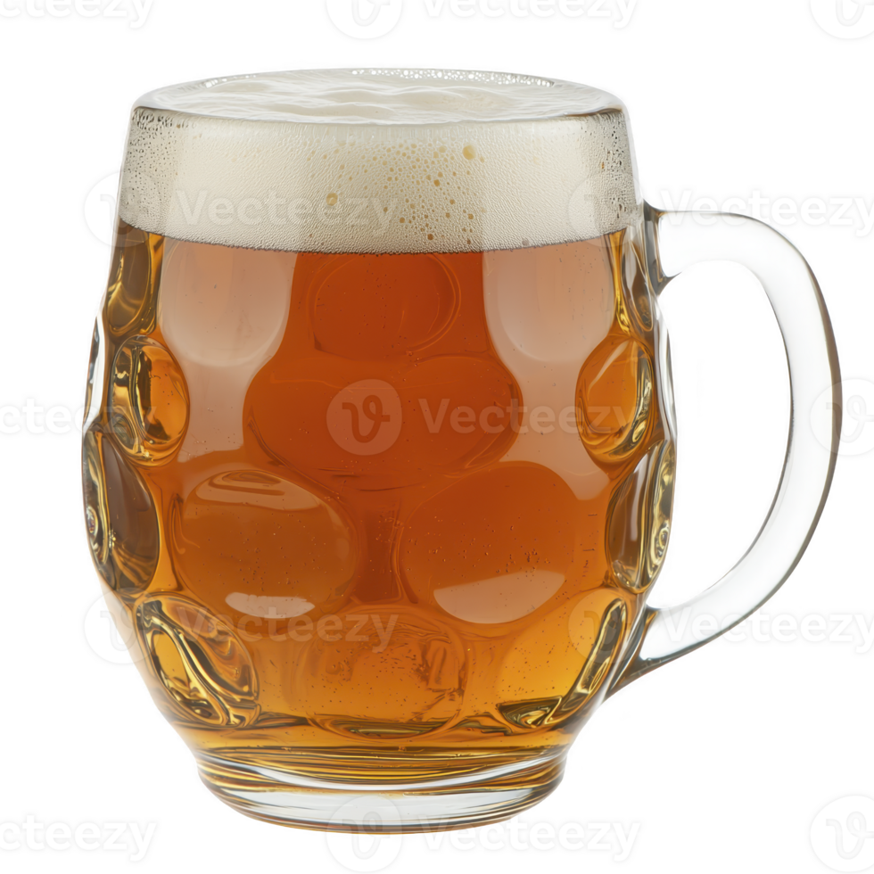 A frothy amber beer fills classic dimpled glass mug, showcasing its rich color and inviting texture. handle provides sturdy grip, perfect for enjoying refreshing drink png
