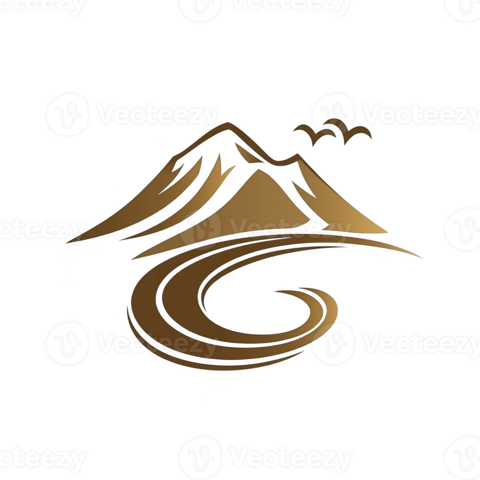 A stylized logo features mountain with birds flying above, and curving path or river below, all in metallic gold color. design conveys sense of adventure and tranquility png