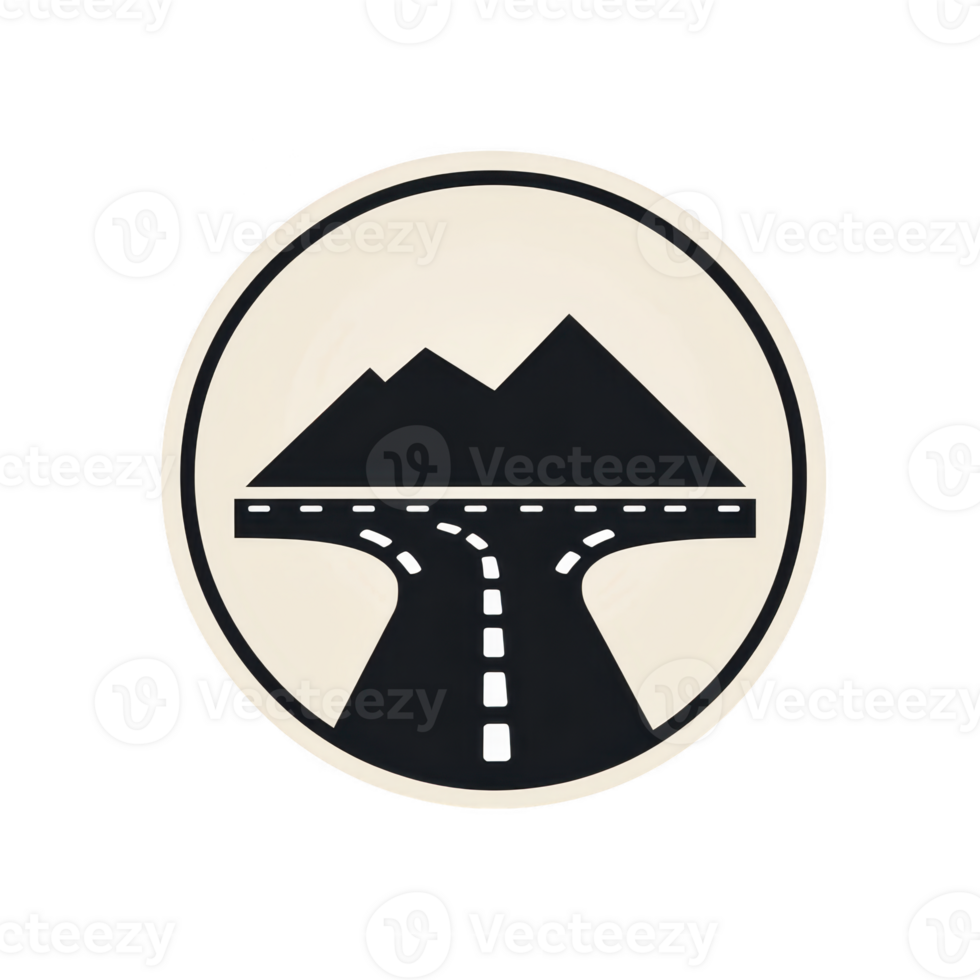 A circular icon features stylized road leading towards mountains, symbolizing travel and adventure. design is simple and monochromatic, evoking sense of exploration and journey png