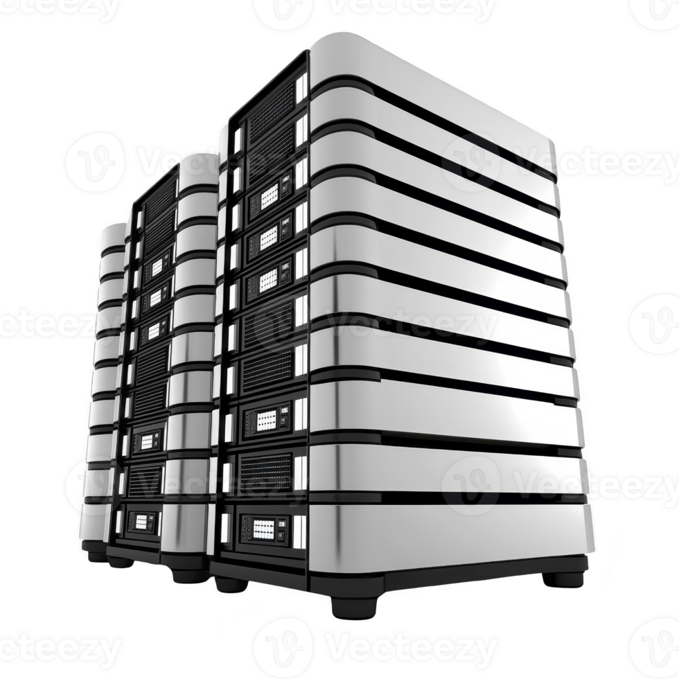 Three sleek, modern server towers with metallic finish are aligned, showcasing advanced technology and data storage capabilities. design is futuristic and efficient png