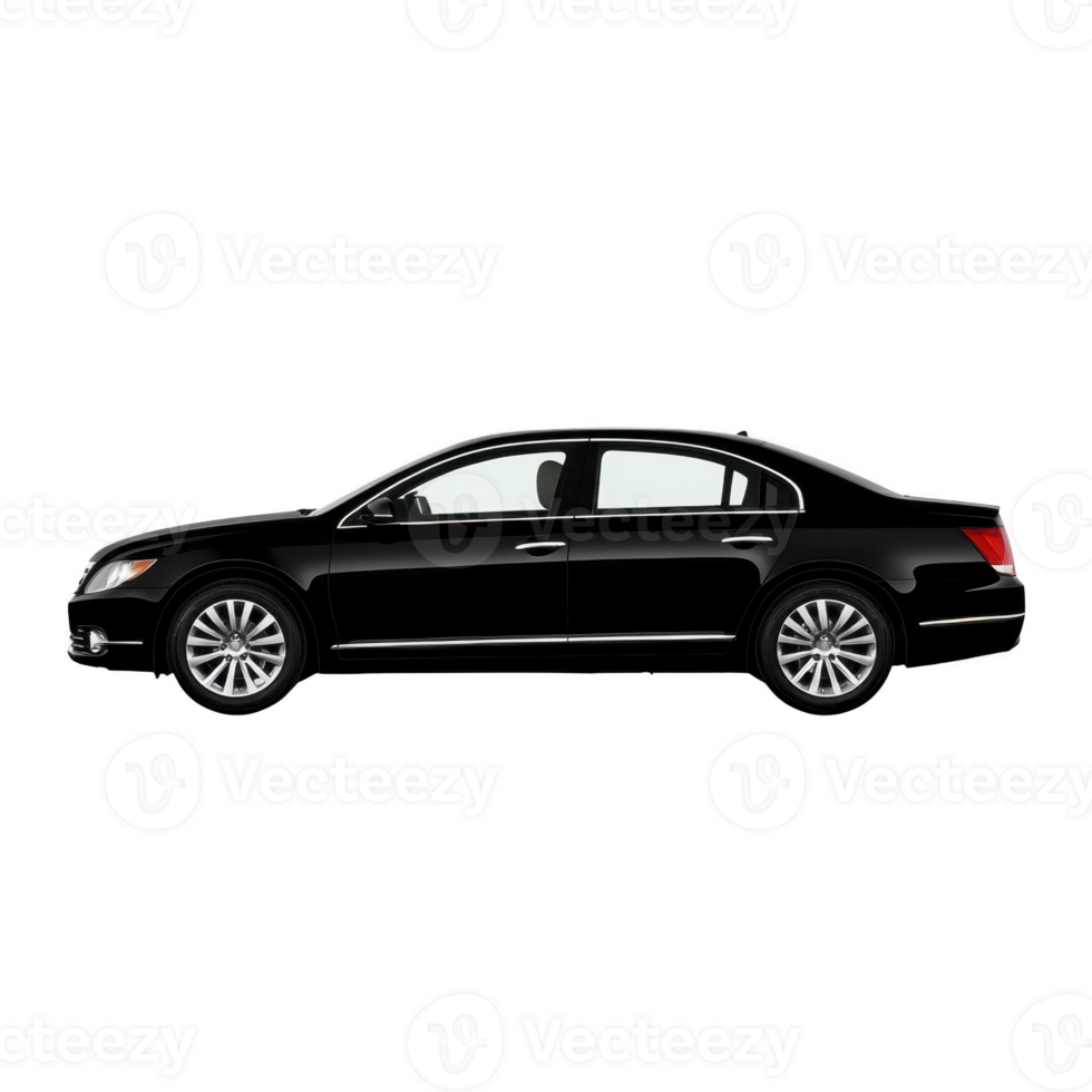 sleek black sedan car is shown side view, highlighting its modern design and smooth lines. vehicle features shiny alloy wheels and tinted windows, conveying sense of elegance and sophistication png