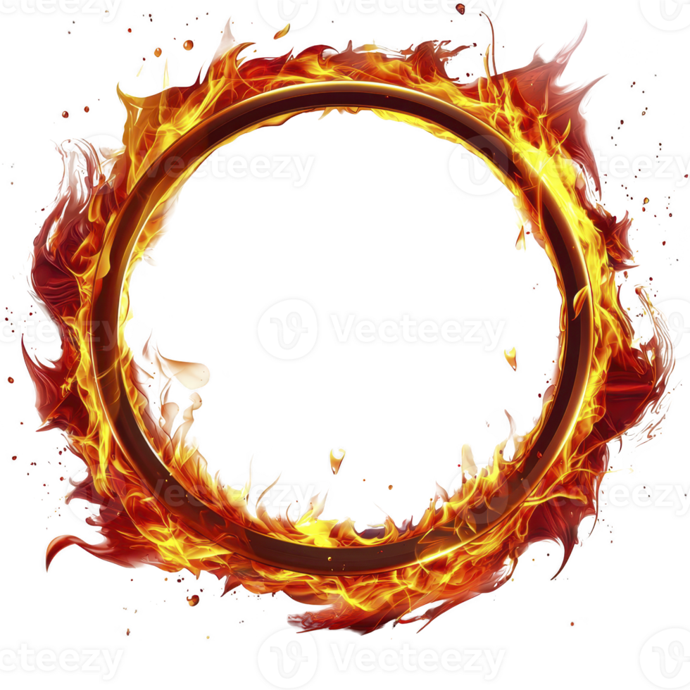 fiery ring of flames forms perfect circle, creating dynamic and intense visual effect. vibrant orange and red hues of fire contrast sharply against transparency background, evoking sense of energy png