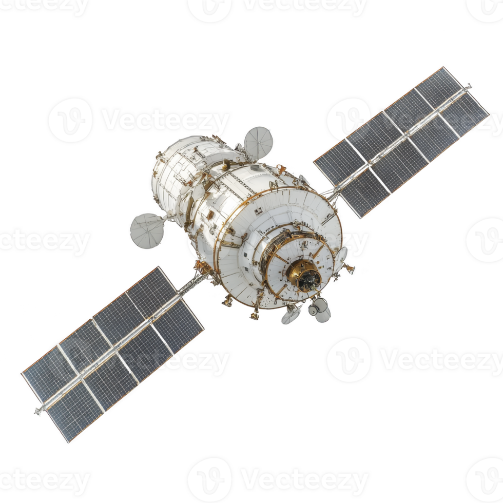 This shows detailed view of space station module with solar panels extended, showcasing its intricate design and engineering marvel png