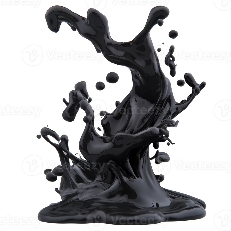 dynamic splash of black liquid captured mid air, showcasing fluid motion and abstract shapes. glossy texture and dark color create dramatic and artistic visual effect png