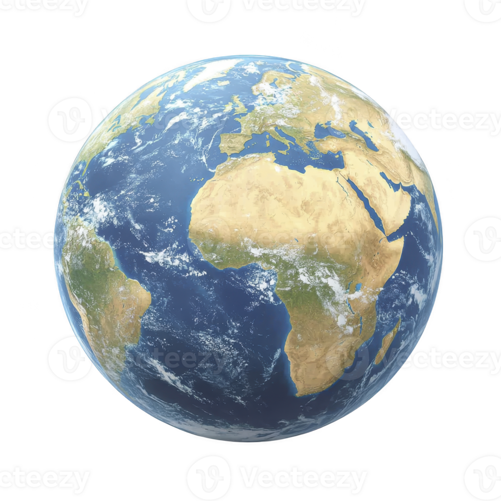 view of Earth from space shows continents and oceans, highlighting Africa and Europe. image captures planet natural beauty with visible cloud formations and blue seas png