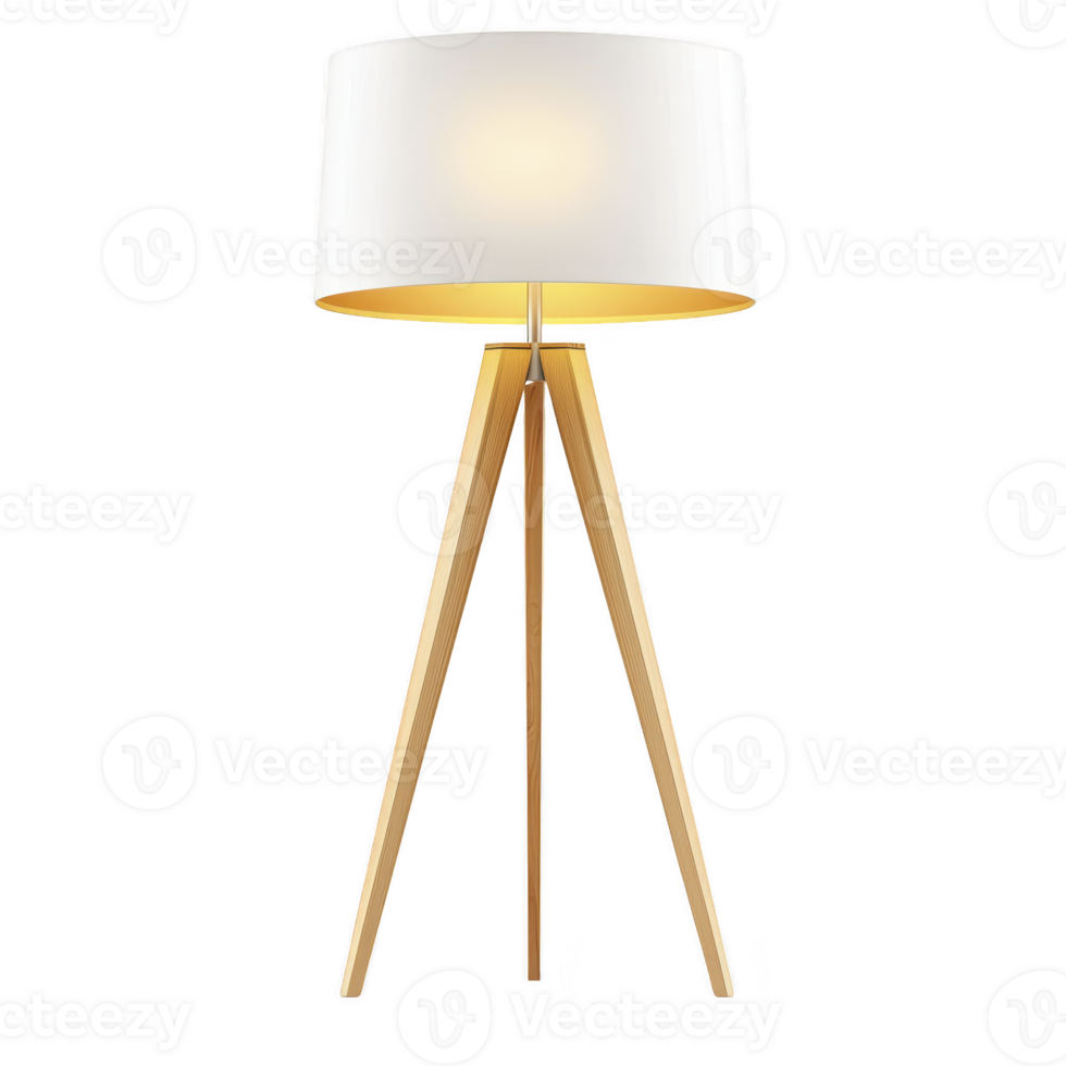 modern floor lamp with white drum shade and wooden tripod base, offering stylish and warm lighting solution for contemporary interiors png