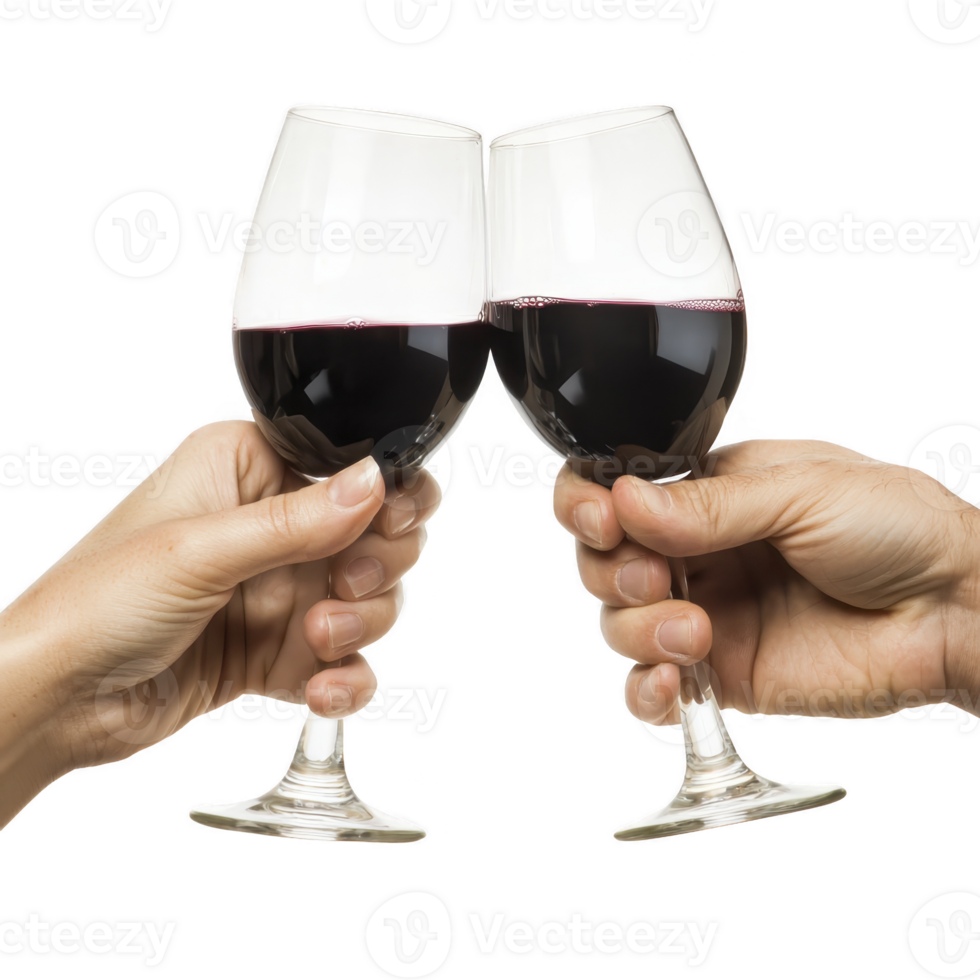Two hands clinking wine glasses filled with red wine, symbolizing celebration and joy. image captures moment of toasting, highlighting elegance and richness of wine png