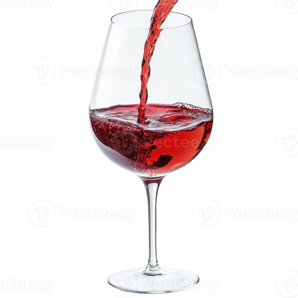 stream of red wine is being poured into clear wine glass, creating swirling motion and bubbles. elegant glass stands on transparent background, highlighting rich color of wine png