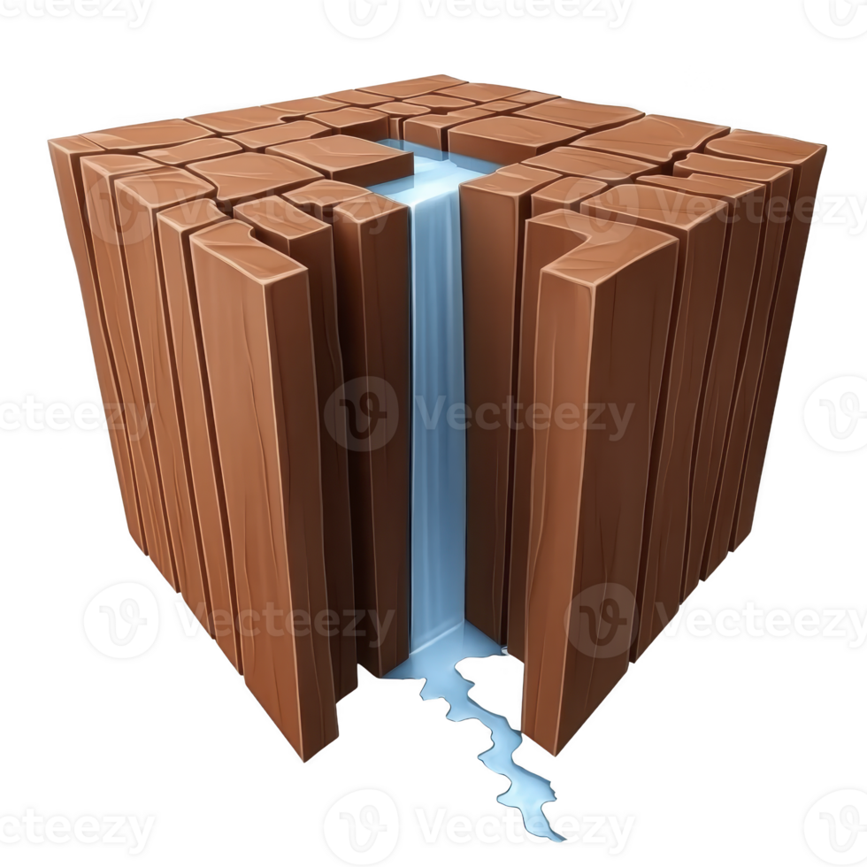 cube made of wooden planks with waterfall flowing through its center, creating surreal and imaginative scene. water cascades down, adding dynamic element to geometric structure png