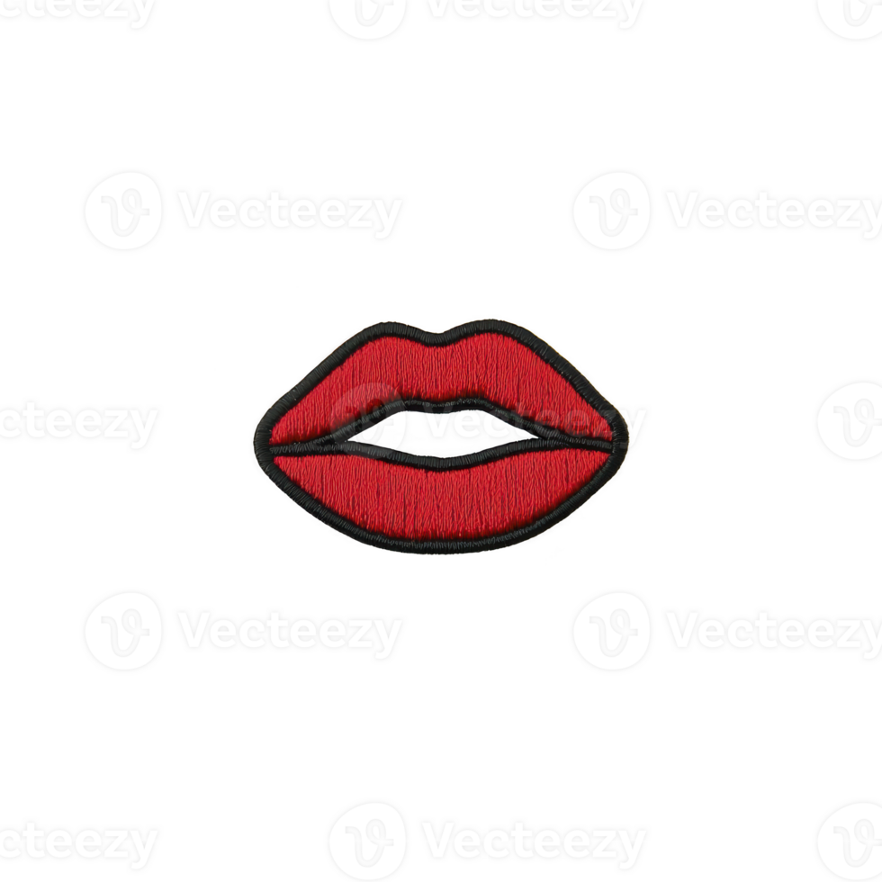 A vibrant red lips patch with black outline, perfect for adding bold touch to clothing or accessories. embroidered design is eye catching and stylish png