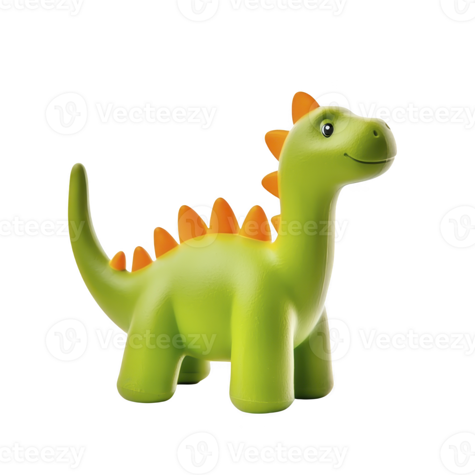 cute green dinosaur toy with orange spikes stands cheerfully, showcasing friendly expression. toy smooth texture and vibrant colors make it appealing for children png