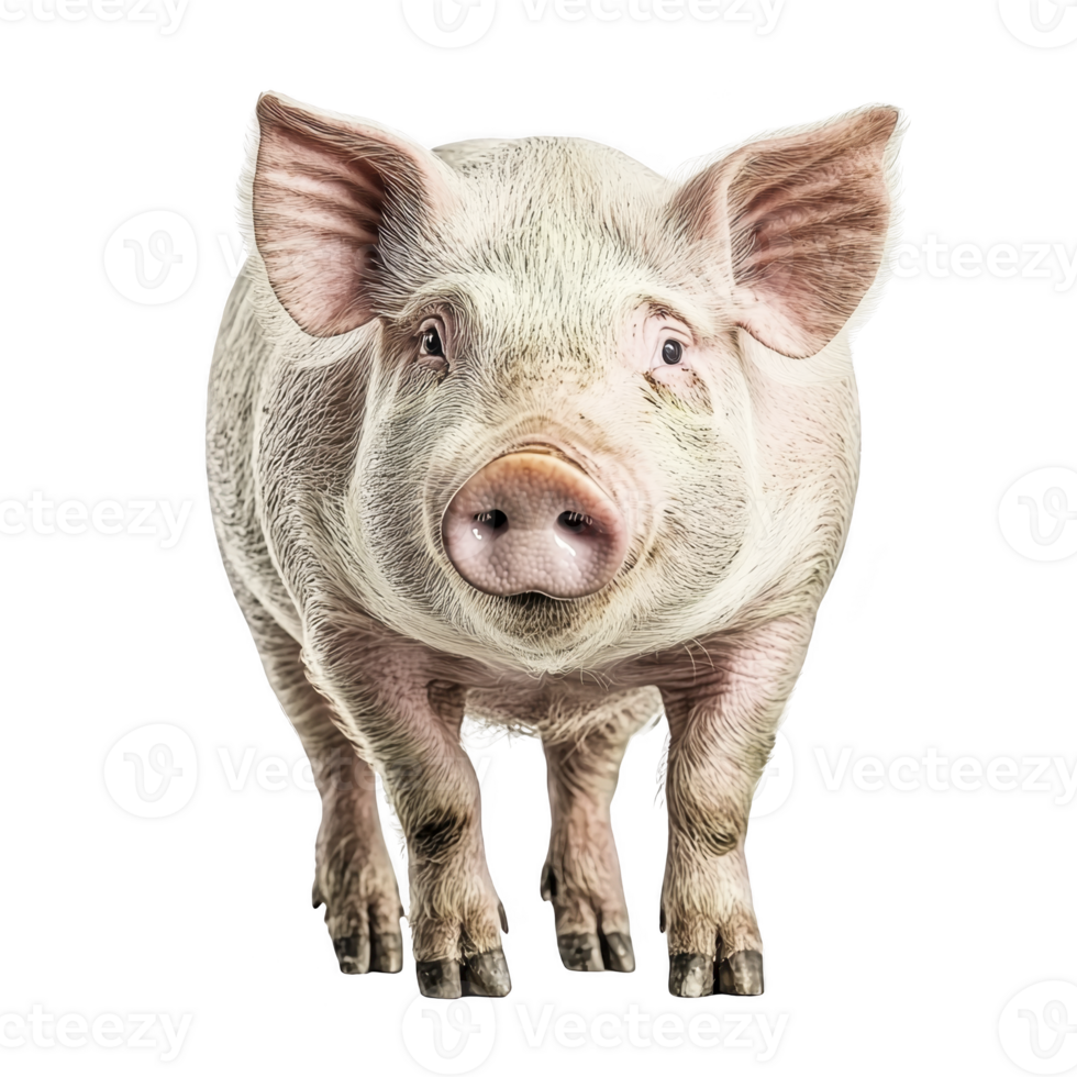 cute pig stands facing forward, showcasing its pink snout and floppy ears. pig expression is curious and friendly, with clean, smooth coat. background is plain, highlighting pig features png