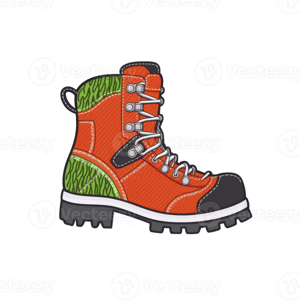 An orange hiking boot with green accents and black sole, featuring detailed stitching and metal eyelets for laces, designed for outdoor adventures png