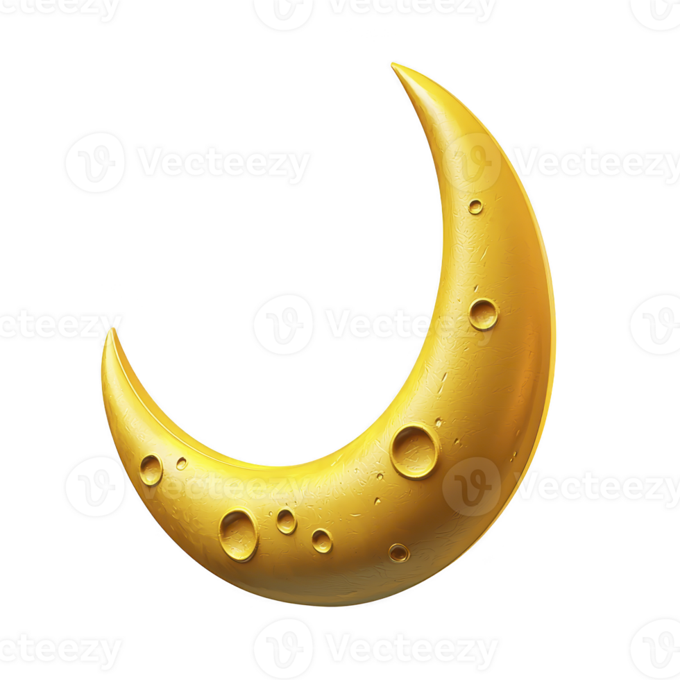 crescent moon illustration with smooth, golden texture and crater like details, set against transparent background, evokes whimsical and celestial feel png