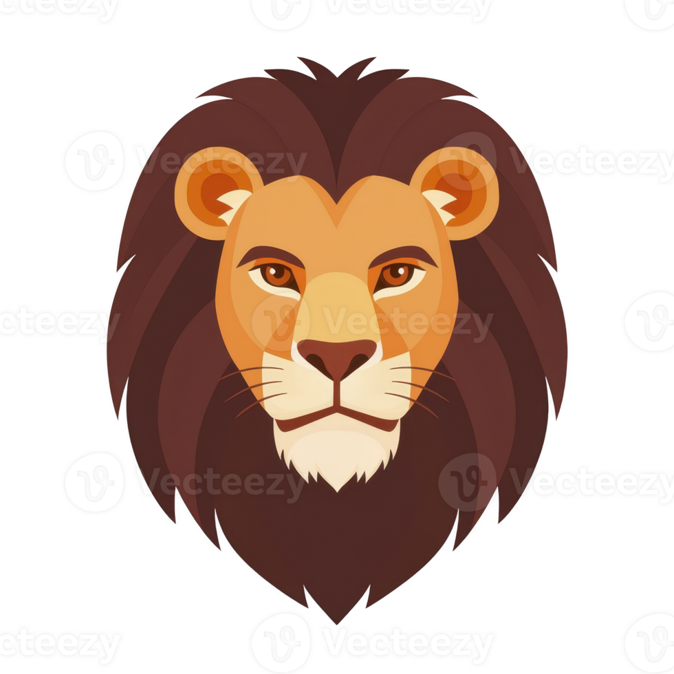 A stylized illustration of lion head features bold mane and intense gaze, capturing majestic and powerful essence of animal. artwork uses warm tones and clean lines for modern look png