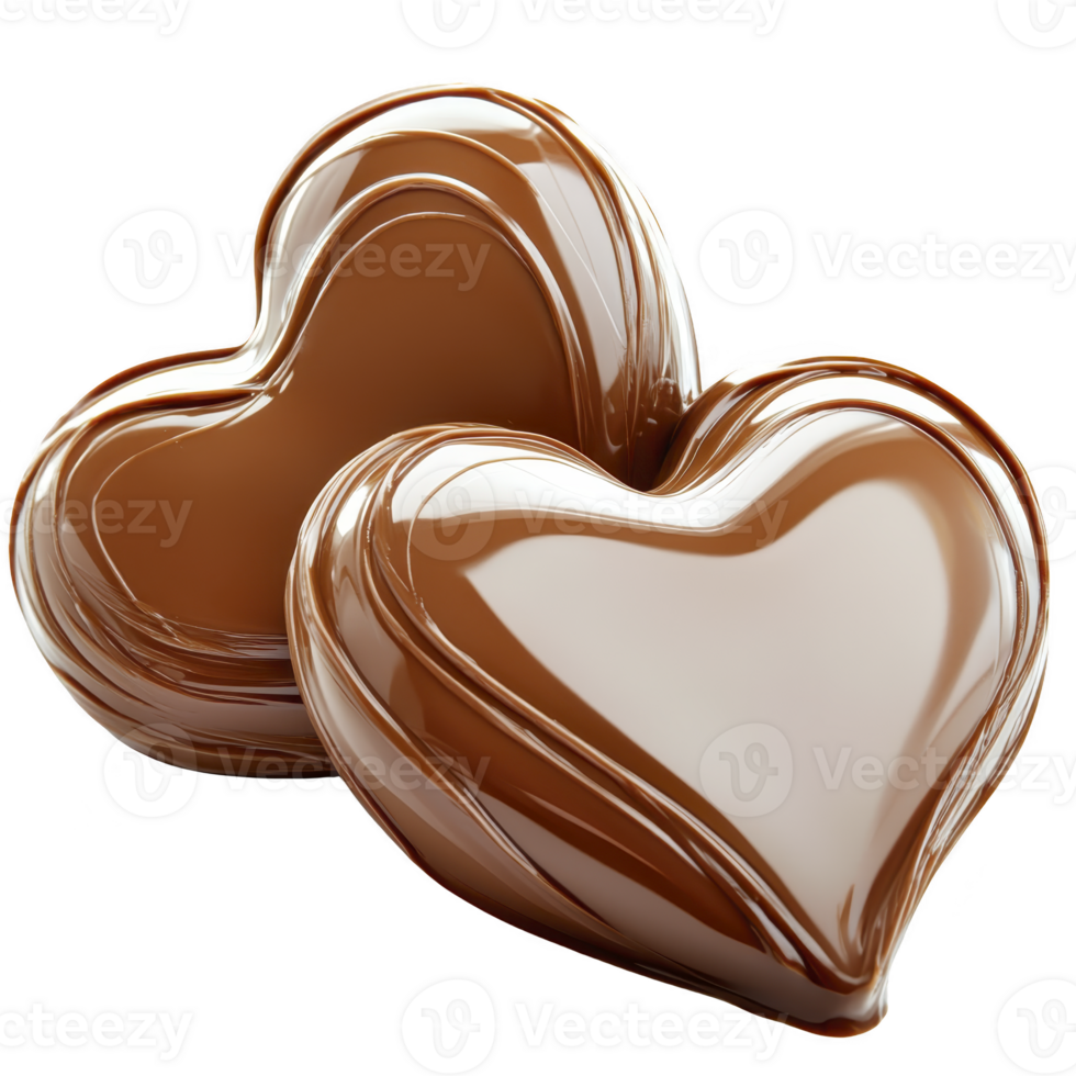 Two glossy heart shaped chocolates are placed together, showcasing their smooth and shiny texture. rich brown color and elegant design evoke sense of indulgence and romance png
