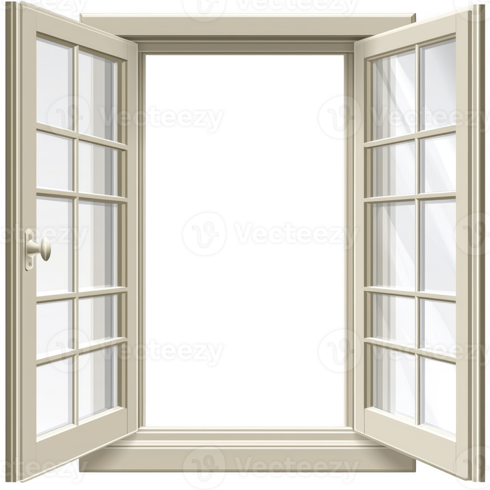 open white window with multiple glass panes and handle, inviting fresh air and light into room. classic design adds elegance and charm to any space png
