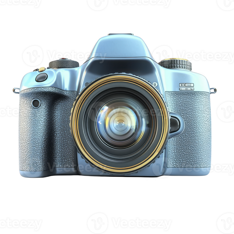 sleek blue digital camera with large lens and textured grip, designed for professional photography. camera features multiple control buttons and viewfinder, ideal for capturing high quality images png