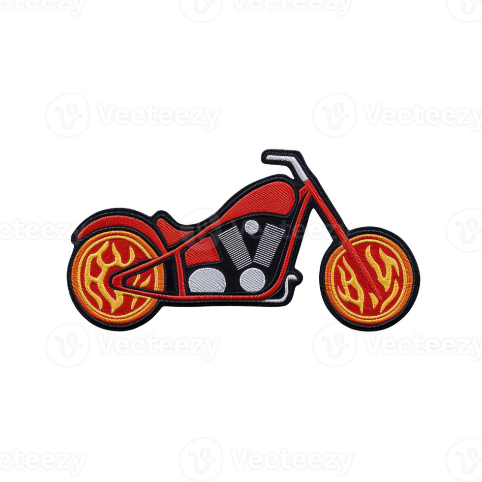 A This features stylized motorcycle patch design with vibrant red and orange flames wheels, set against transparency background. patch has bold and dynamic appearance, ideal for adding flair to png