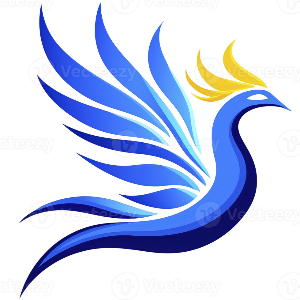 A This features stylized blue and yellow phoenix with elegant, flowing wings and graceful posture, symbolizing rebirth and transformation. vibrant colors and dynamic design convey sense of energy png