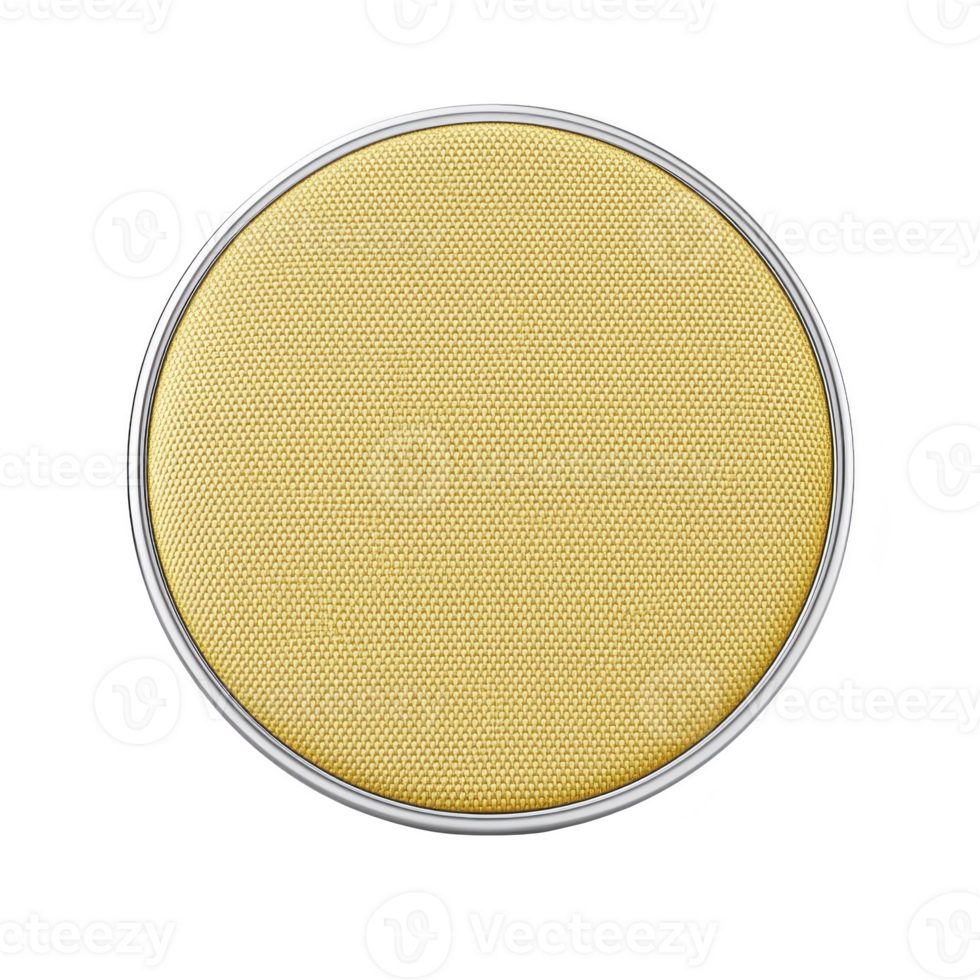 A round, yellow fabric covered speaker with silver frame, isolated on transparency background, showcasing modern and minimalist design png
