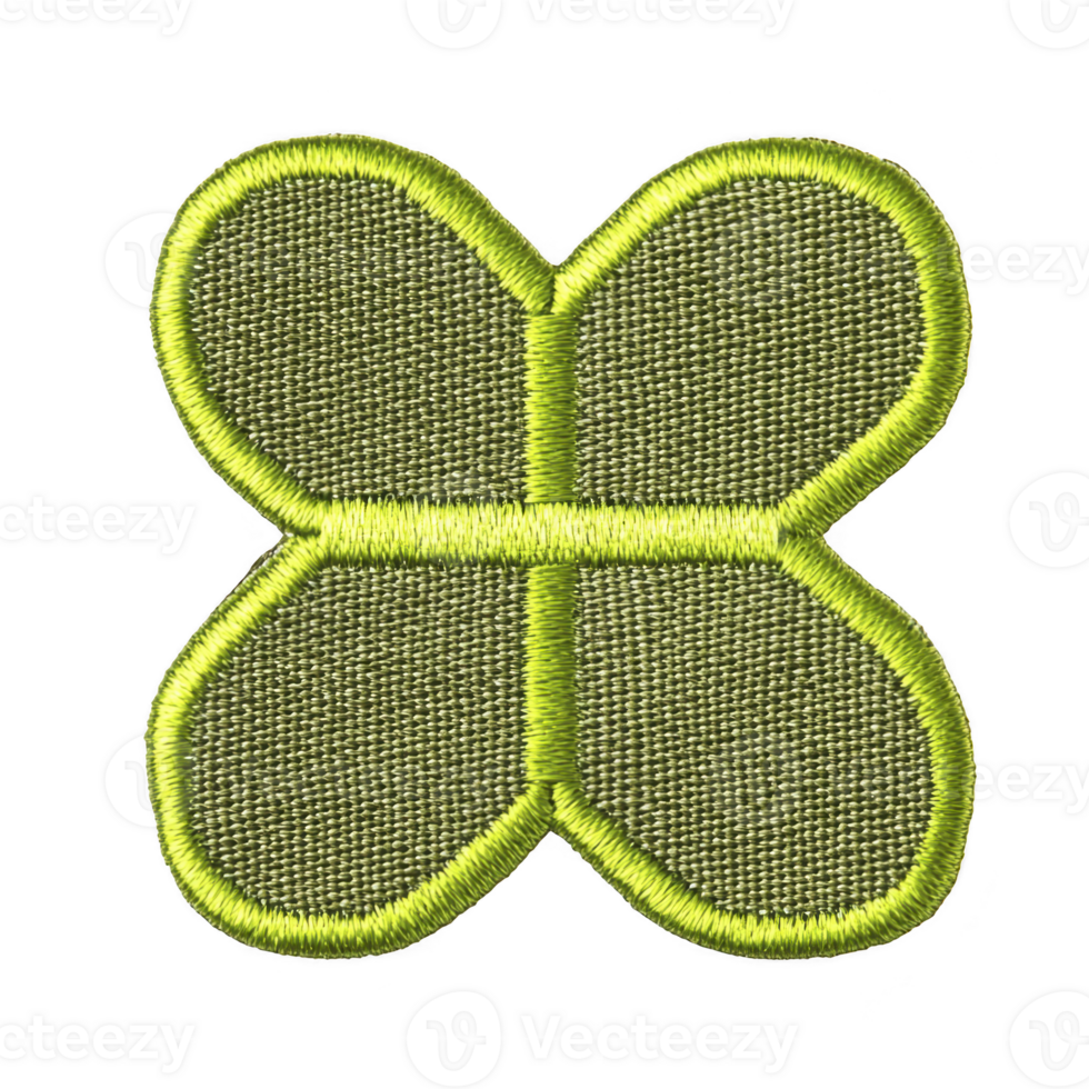 green embroidered patch in shape of four leaf clover, symbolizing luck and positivity. patch features detailed stitching and vibrant outline, perfect for clothing or accessories png