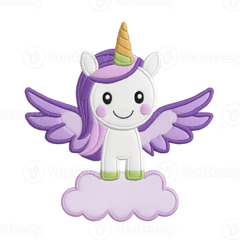 A Cute cartoon unicorn with purple wings and mane stands on fluffy cloud, smiling joyfully. unicorn has golden horn and green hooves, creating whimsical and magical atmosphere png
