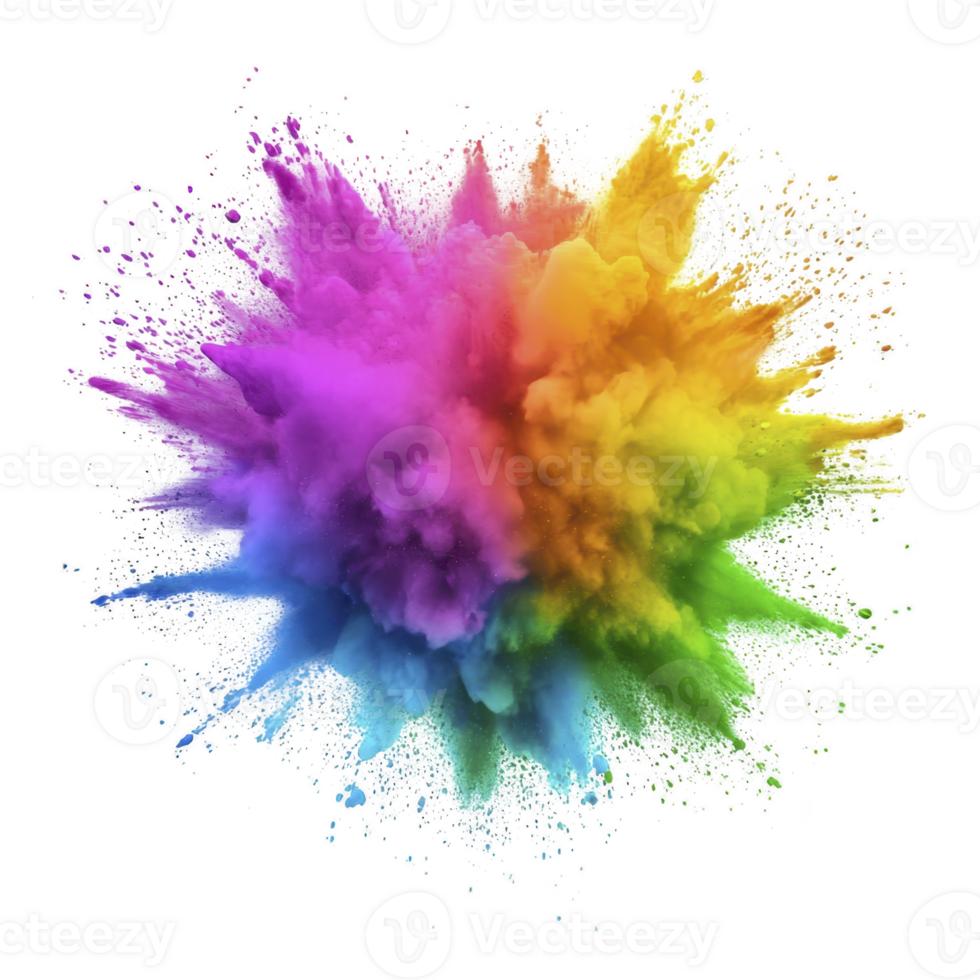 vibrant explosion of colorful powder creates dynamic burst of pink, purple, yellow, and green hues against transparency background, capturing sense of energy and motion png