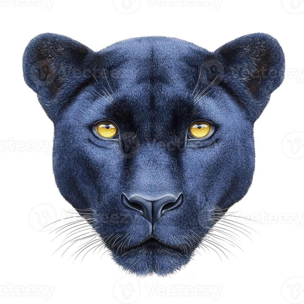 A detailed illustration of blue panther face with striking yellow eyes, showcasing intricate fur texture and focused expression. artwork highlights panther majestic and mysterious nature png