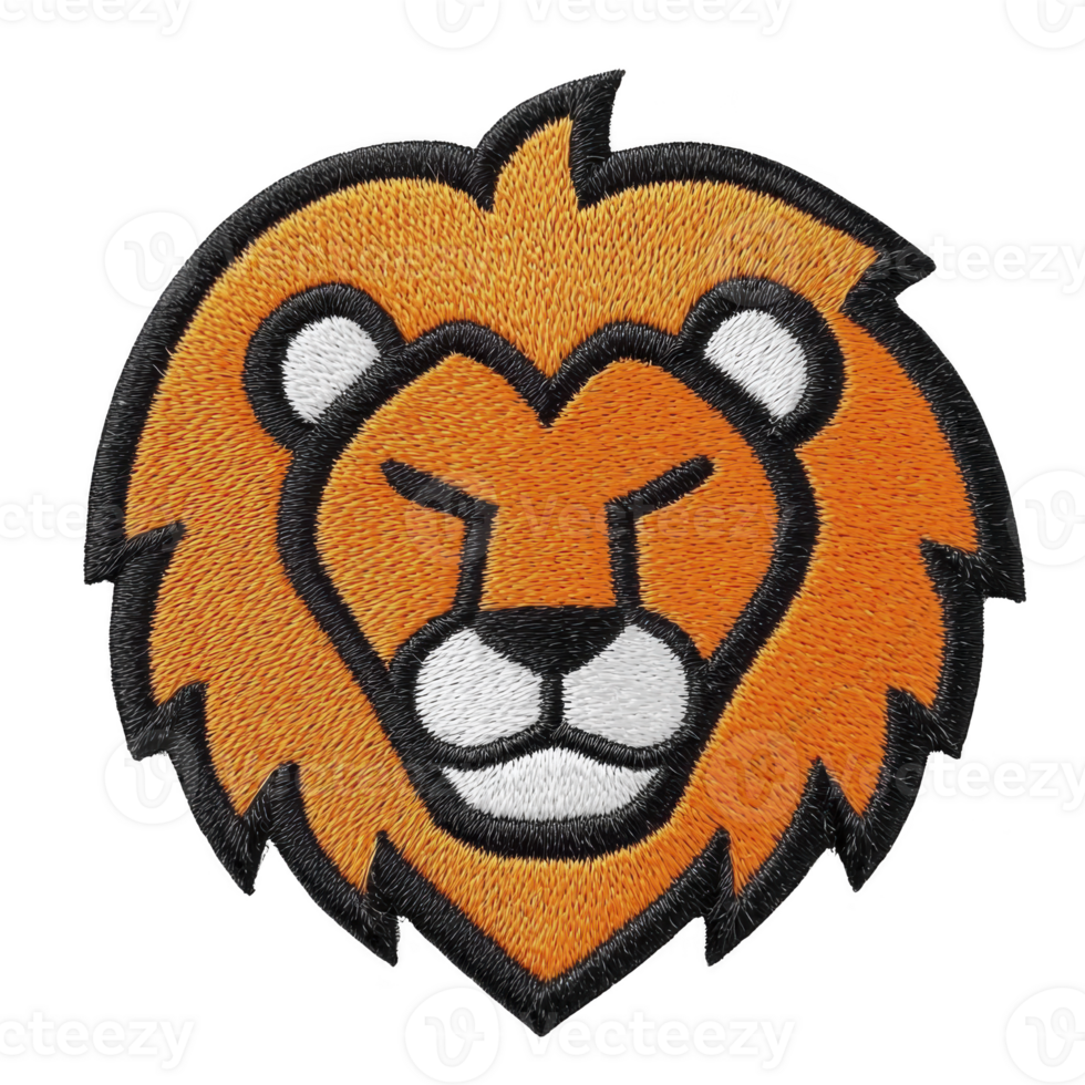 This features embroidered patch of lion head with bold orange mane and black outline, showcasing strong and majestic expression png