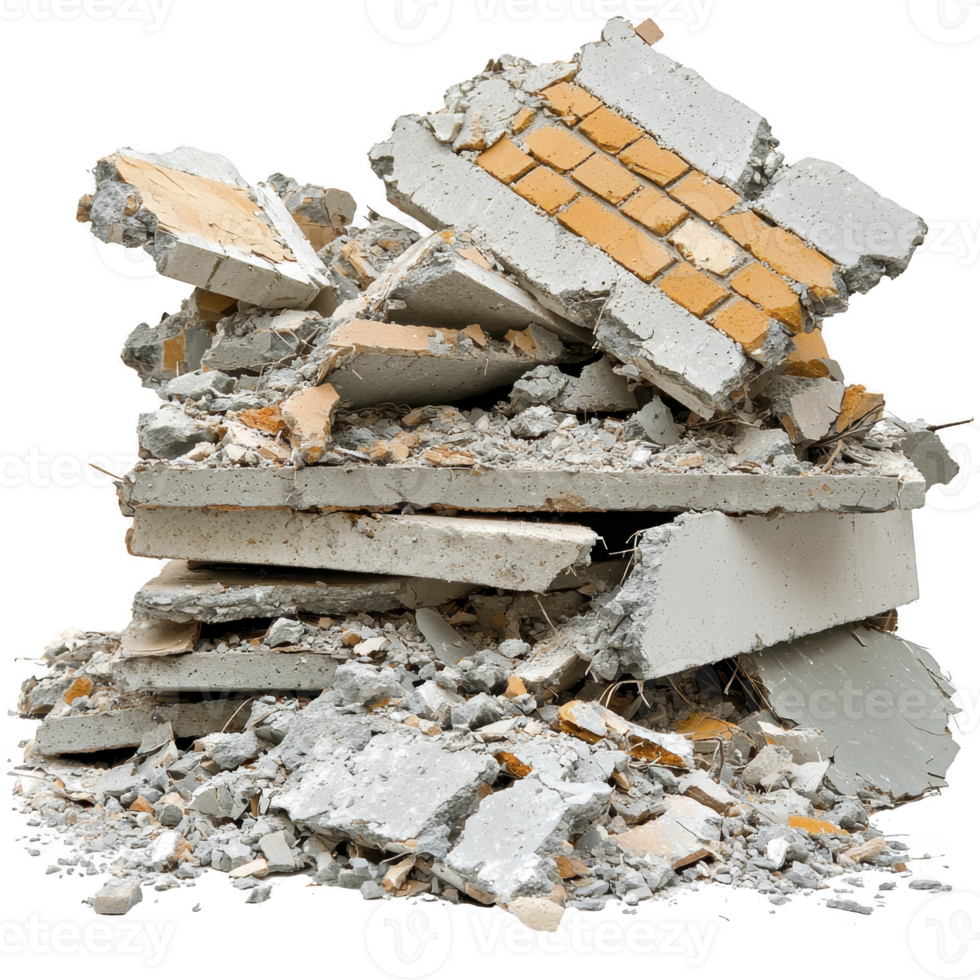 pile of broken concrete and bricks forms chaotic heap, showcasing aftermath of demolition. debris includes shattered bricks and crumbled cement, evoking sense of destruction png
