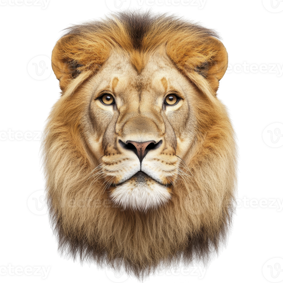 majestic lion with golden mane stares directly ahead, exuding strength and confidence. detailed fur and intense gaze capture essence of king of jungle png